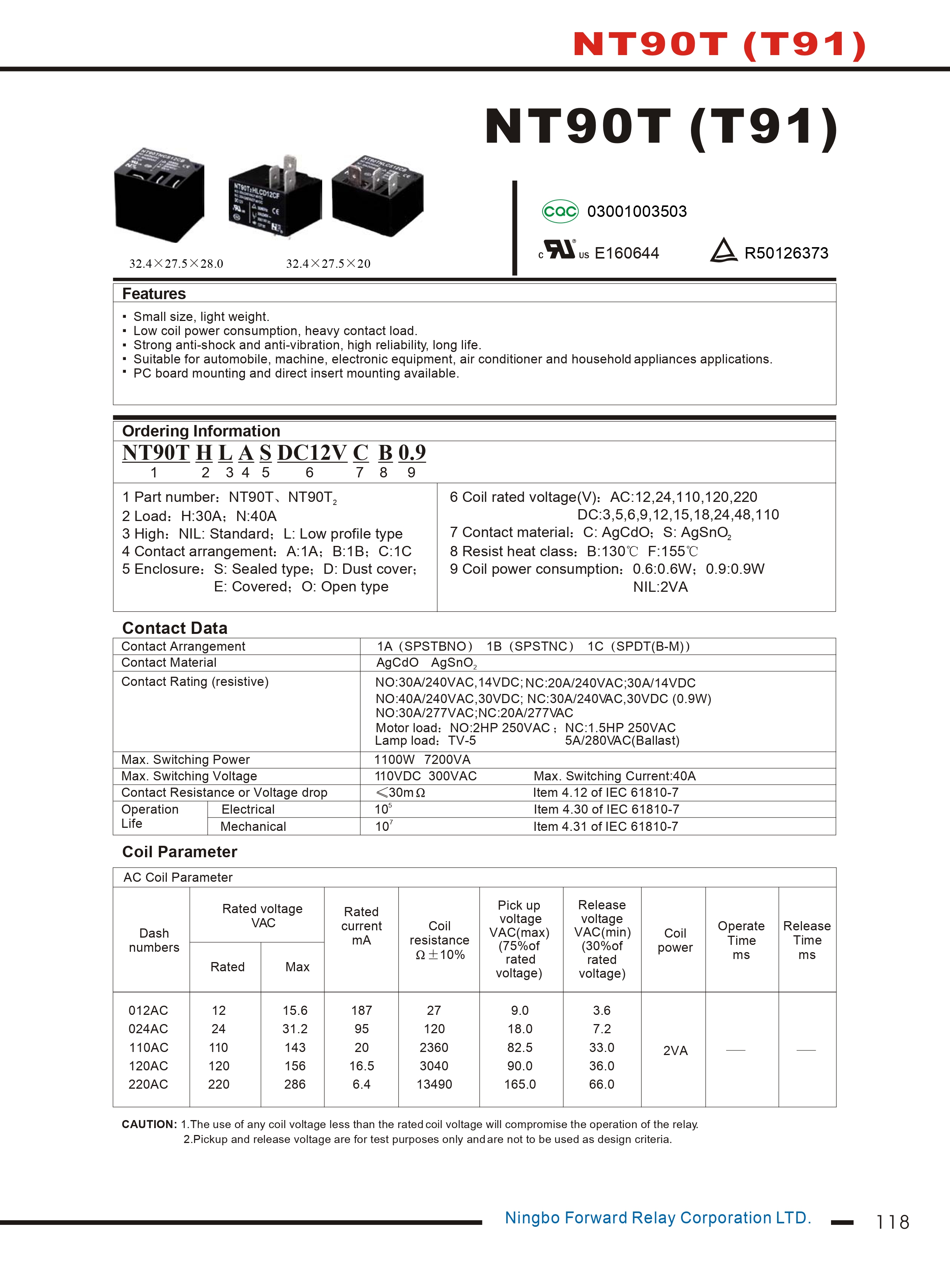 Электромагнитное реле NT90TNBSDC12VCB-0,6 SPST-NS 30A/12V