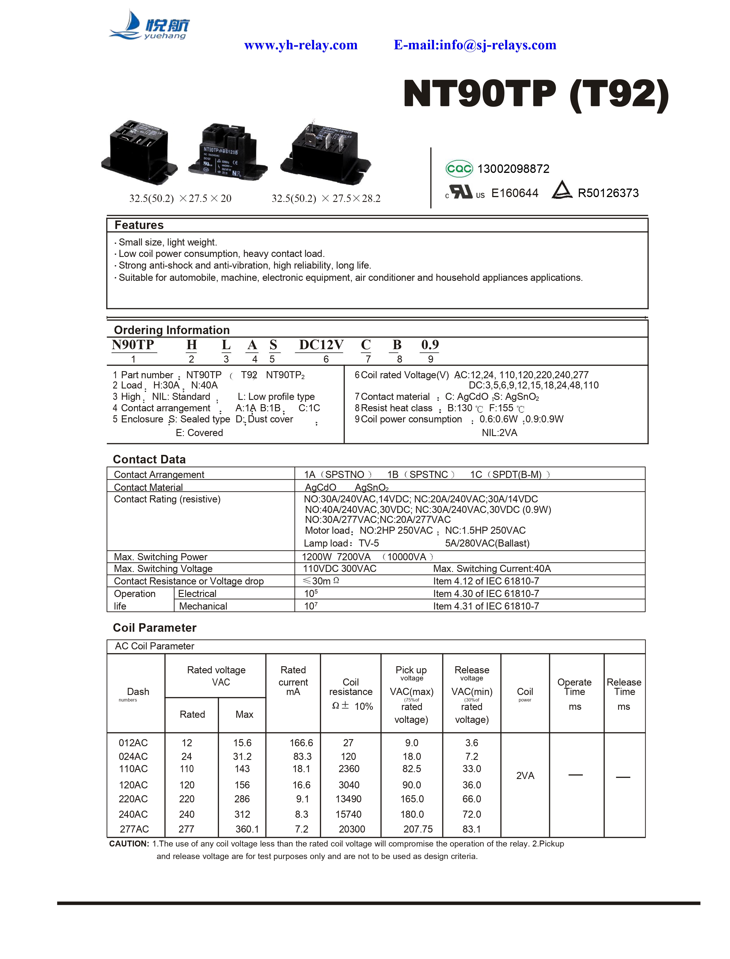 Электромагнитное реле NT90TPNLAEDC12VSB-0.6 SPST-NO 40A/12V