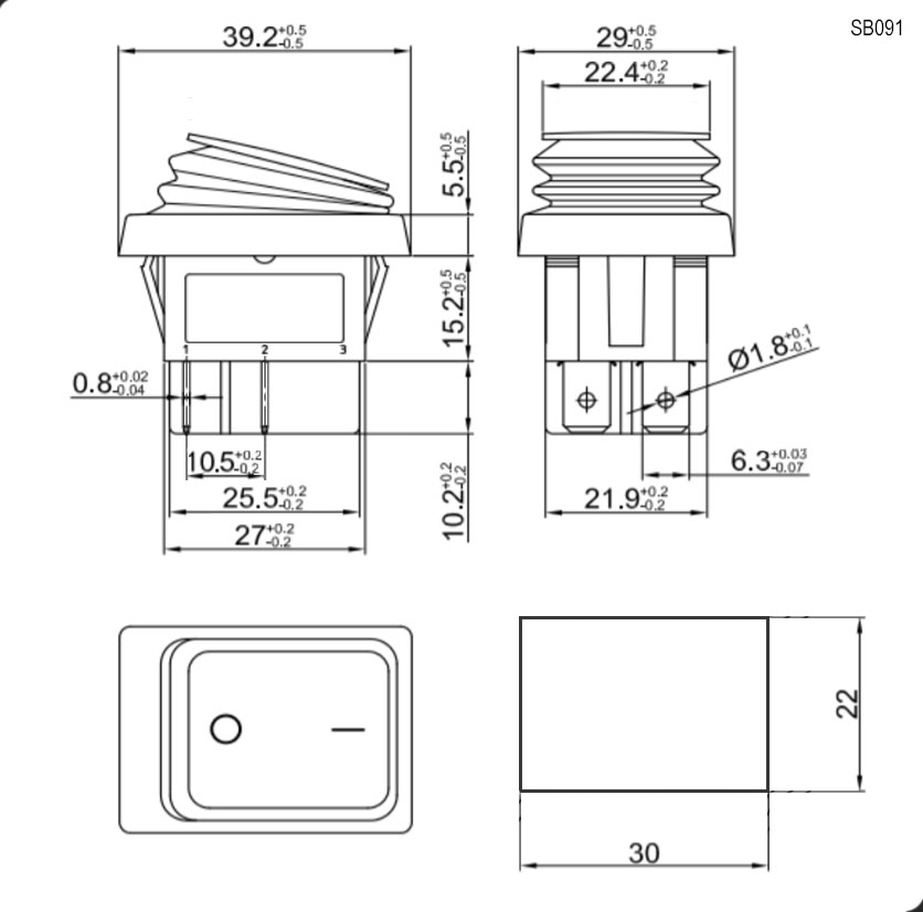 Рокерный переключатель SB091 IP65 on-off 22x30мм (красный)