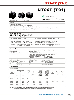 Реле NT90T-N-B-S-DC12V-C-B-0.6 (40А, катушка 12VDC)